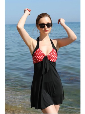 Alfa Aksesuar 03 Moda Kadın Likralı Şortlu Fiyonklu Elbise Mayo Kırmızı Beruflic