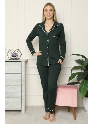Alfa Aksesuar 03 Moda Kadın %100 Pamuk Penye Önden Düğmeli Uzun Kol Pijama Takım Yeşil Beruflic