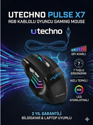 utechno Pulse X7 Rgb Kablolu Oyuncu Gaming Mouse 7 Tuşlu Dpı Ayarlı LED Aydınlatmalı Ergonomik Bilgisayar Laptop Uyumlu Hızlı Tepkili