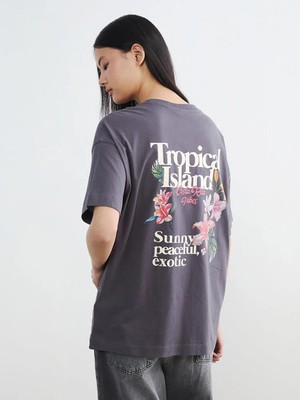 LC Waikiki Bisiklet Yaka Baskılı Oversize Kadın Tişört  (S6)