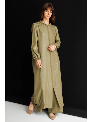 Micca Crocodıle Özel Desen Soft Kumaş ve Yaka Kol Ipekçe Garni Zamansız Ferace-Haki