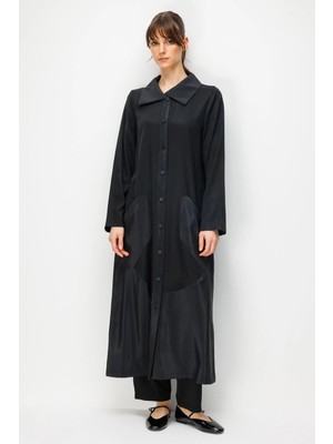 Micca %100 Doğal Lyocell Maxi Dökümlü Soft Kumaş Garni Kumaşlı Zamansız Kap Ferace-Siyah
