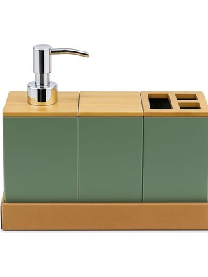 Bambu Kapaklı Yeşil Banyo Seti – Sıvı Sabunluk, Diş Fırçalık, Çok Gözlü Organizer ve Düzenleyici