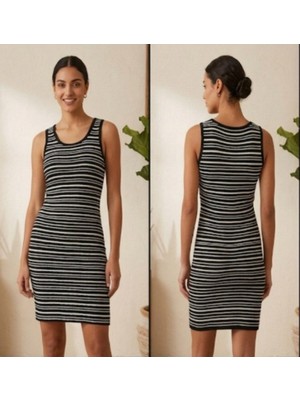 Siyah Beyaz Kolsuz Kadın Elbise