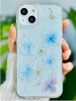 13-14 ve 15 ile Uyumlu Epoksi Mavi Simli Çiçek Oyuncak Tasarımlı Esnek Silikon Kılıfı