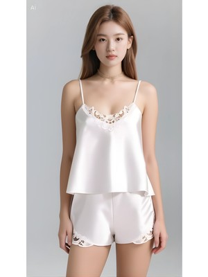 Venüs Shopping  Beyaz Saten Babydoll Şort Takımı Zarif Kadın Gece Giyim