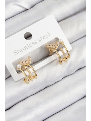 Venüs Shopping Pirinç Zirkon Taşlı Inci Detaylı Balık Kuyruğu Model Gold Renk Kadın Küpe - TJ-BKP11093
