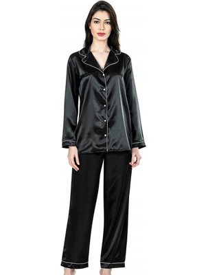 Alfa Aksesuar 03 Giyim Siyah Ikili Saten Gecelik Pijama Takımı 7647 Beruflic