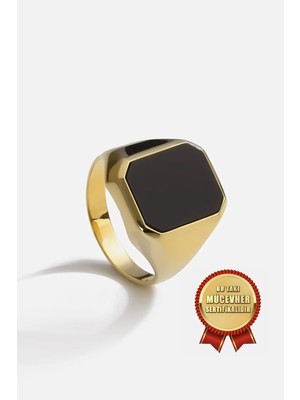 Meks Jewels Mikron Altın Kaplama 925 Ayar Gümüş Dikdörgen Oniks Taşlı Erkek Yüzüğü