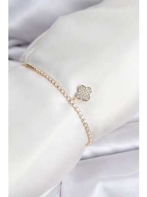 Venüs Shopping Yonca Model Zirkon Taşlı Gold Renk Asansörlü Su Yolu Bileklik - TJ-BB8244