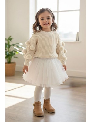 Miniğimin Cicileri Pon Pon Detaylı Triko Kız Çocuk Kazak - Krem