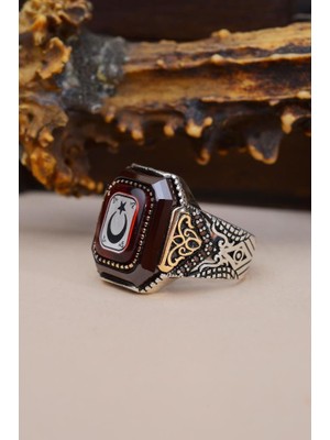 INNUENDO JEWELRY 925 Ayar Gümüş Ay Yıldız Kırmızı Zirkon Taşlı Yüzük
