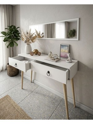 Feyza Design Beyaz Aynalı Dresuar - Ahşap Ayaklı ve Çekmeceli Tasarım
