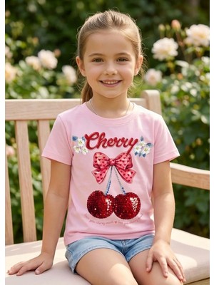 %100 Pamuklu  Cherry Baskılı  Çocuk T-Shirt