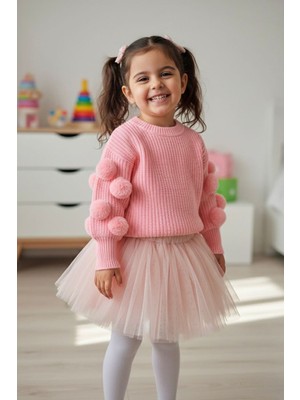 Miniğimin Cicileri Pon Pon Detaylı Triko Kız Çocuk Kazak - Yavru Ağzı