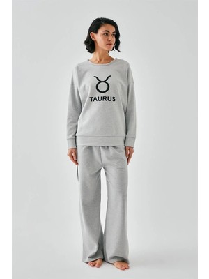 Alfa Aksesuar 03 Moda Kadın Gri Boğa Burcu Oversize 2 Iplik Eşofman Ev Giyim Takımı Beruflic