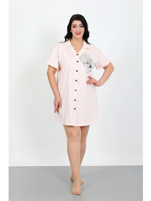 Alfa Aksesuar 03 Moda Büyük Beden Penye Düğmeli Pudra Tunik Gecelik Beruflic