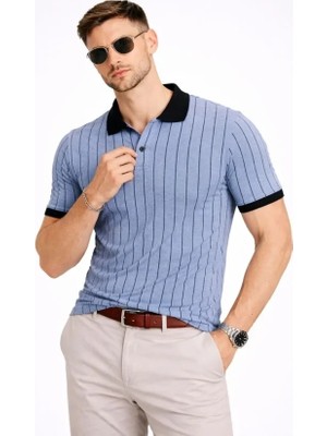 Erkek Polo Yaka Çizgili Tişört Kısa Kol Düğmeli Yazlık T-Shirt - Bebek Mavisi