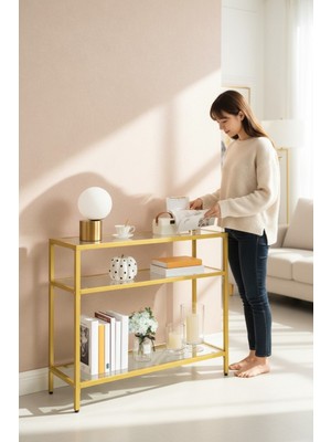 Feyza Design 3 Katlı Gold Renk Temper Camlı Dresuar Konsol