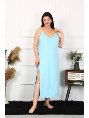 Alfa Aksesuar 03 Moda Kadın Büyük Beden Ip Askılı Pamuklu Mavi Uzun Gecelik Beruflic