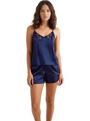 Venüs Shopping  Lacivert Saten Babydoll Şort Takımı Zarif Kadın Gece Giyim