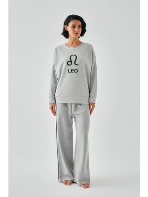 Alfa Aksesuar 03 Moda Kadın Gri Aslan Burcu Oversize 2 Iplik Eşofman Ev Giyim Takımı Beruflic