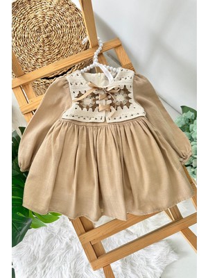 Miniğimin Cicileri (9-24 Ay) Vintage Nakışlı Yaka Detaylı Fiyonklu Kız Bebek Elbise - Camel