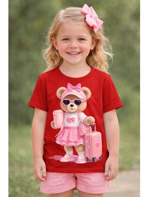 %100 Pamuklu Tatlı Valizli Ayıcık Tasarımlı Çocuk T-Shirt