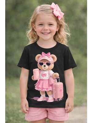 %100 Pamuklu Tatlı Valizli Ayıcık Tasarımlı Çocuk T-Shirt
