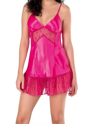 Venüs Shopping  Fuşya Saten Mini Gecelik Zarif Kadın Gece Elbisesi