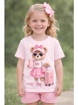 %100 Pamuklu Tatlı Valizli Ayıcık Tasarımlı Çocuk T-Shirt