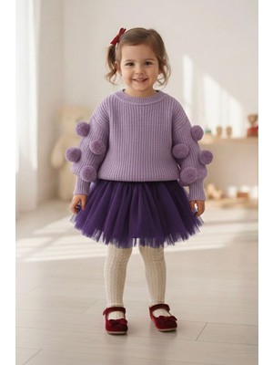 Miniğimin Cicileri Pon Pon Detaylı Triko Kız Çocuk Kazak - Lila