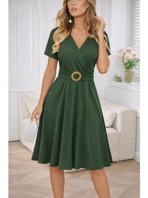 Stelol Kadın Kısa Kollu Kruvaze Yakalı Önden Toka Detaylı Kısa Viskon Elbise