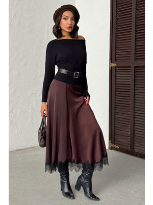 Topshow Dantel Detaylı Saten Etek Kahve