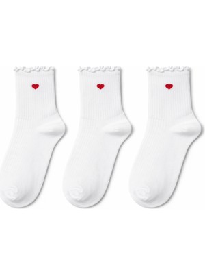 QUALITY WALKING 3’lü Kalp Desenli Dikişsiz Pamuk Kadın Çorap Fırfırlı Bilek Ipeksi Yumuşaklı