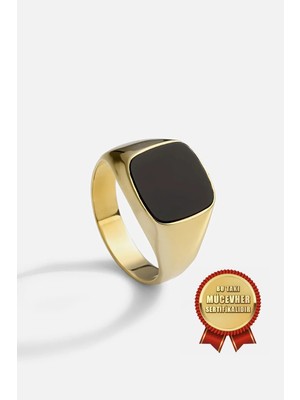 Meks Jewels Mikron Altın Kaplama 925 Ayar Gümüş Oniks Taşlı Erkek Yüzüğü