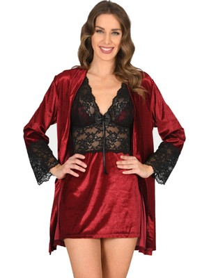 Alfa Aksesuar 03 Giyim Bordo Kadife Sabahlık & Gecelik Takım 2' Li - 1445 Beruflic