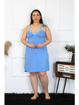 Alfa Aksesuar 03 Moda Kadın Pamuklu Mavi Ip Askılı Büyük Beden Gecelik Beruflic