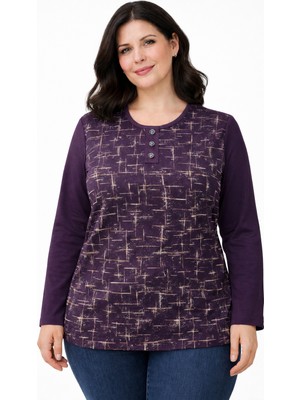 Mutlu City Kadın Desenli Yuvarlak Yaka Rahat Kesim Orta Yaş ve Üzeri Anne Penye Bluz 7001