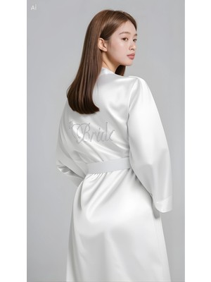 Venüs Shopping  Ekru Saten Bride Sabahlık Zarif Kadın Ev Giyim