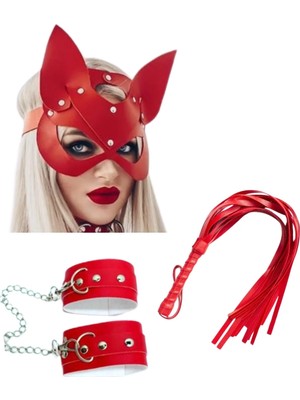 Alfa Aksesuar 03 Giyim Fantezi Deri Seksi Kırmızı Kedi Maske Kelepçe Kırbaç Seti ( 3'lü Set) Beruflic