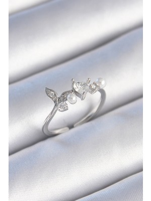 Venüs Shopping Pirinç Gümüş Renk Zirkon Taşlı Kalp Yaprak Model Inci Detay Kadın Yüzük - TJ-BYK3431