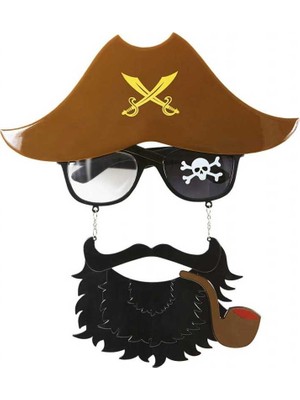 Venüs Shopping Kahve Renk Şapkalı Siyah Sakallı Pipolu Jack Sparrow Denizci Korsan Gözlüğü 24X25 cm