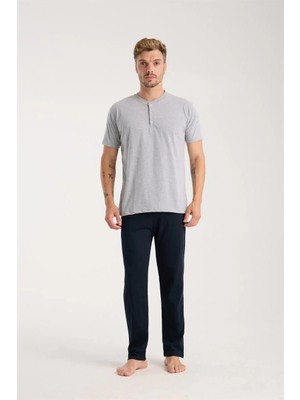 Alfa Aksesuar 03 Moda Erkek Gri Düğmeli Yaka Kısa Kol Pijama Takımı Beruflic