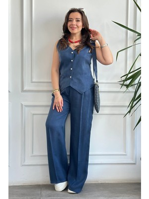 Gold Düğmeli Tensel Kumaş Yelek Pantolon Takım