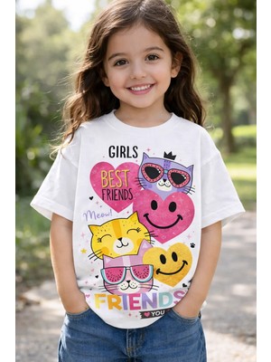 %100 Pamuklu Happy Besties Tasarımlı Çocuk T-Shirt
