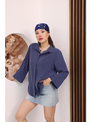 Famoda Kadın Slim Fit Dar Kesim Vücuda Oturan Uzun Kollu Lacivert Gömlek