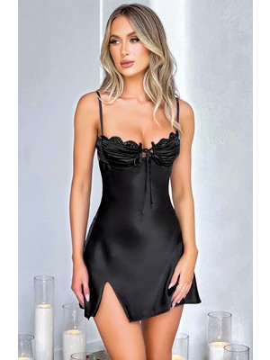 Alfa Aksesuar 03 Giyim Özel Tasarım Yırtmaçlı Ince Askılı Dantel Işlemeli Siyah Mini Saten Gecelik Beruflic