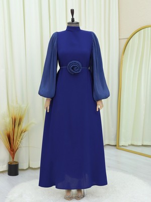 Modamorfo Balon Kol Manşeti Lastikli Güllü Kemerli Elbise -Laci