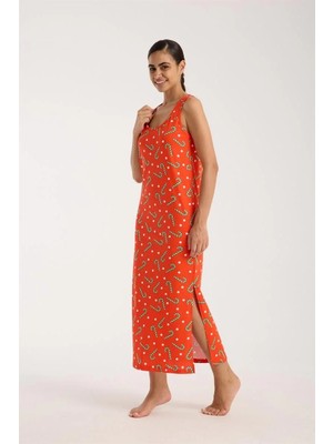 Alfa Aksesuar 03 Moda Kadın Kalın Askılı Yırtmaçlı Uzun Turuncu Gecelik Beruflic